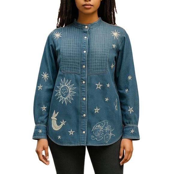 Johnny Was Biya Denim Embroidered Andromeda Tuxedo Blouse/Jacket NWT